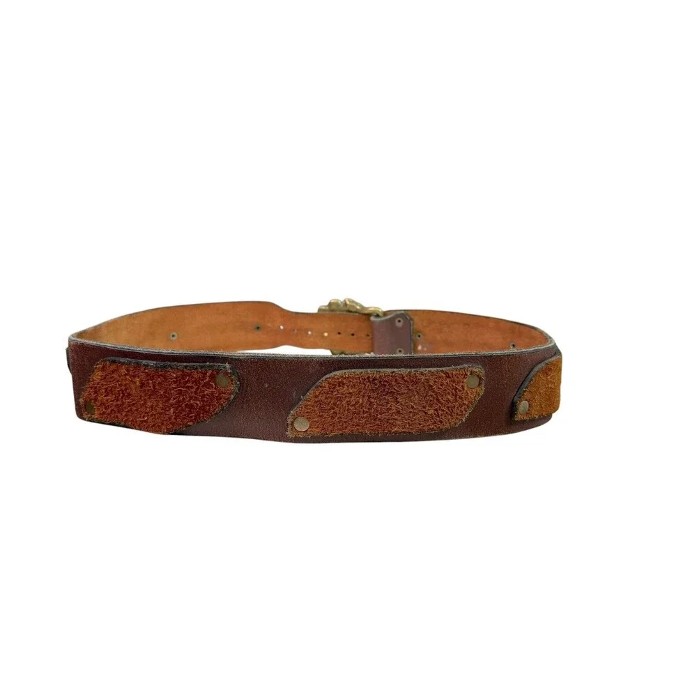 Vintage 70's Brown Leather & Suede Patchwork Belt w/ Floral Solid Brass Buckle L
